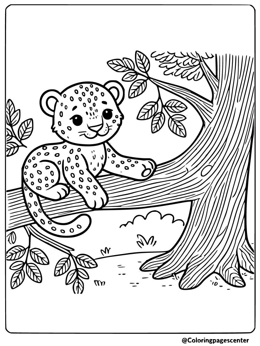 Adorable leopard relaxed on a tree branch coloring page