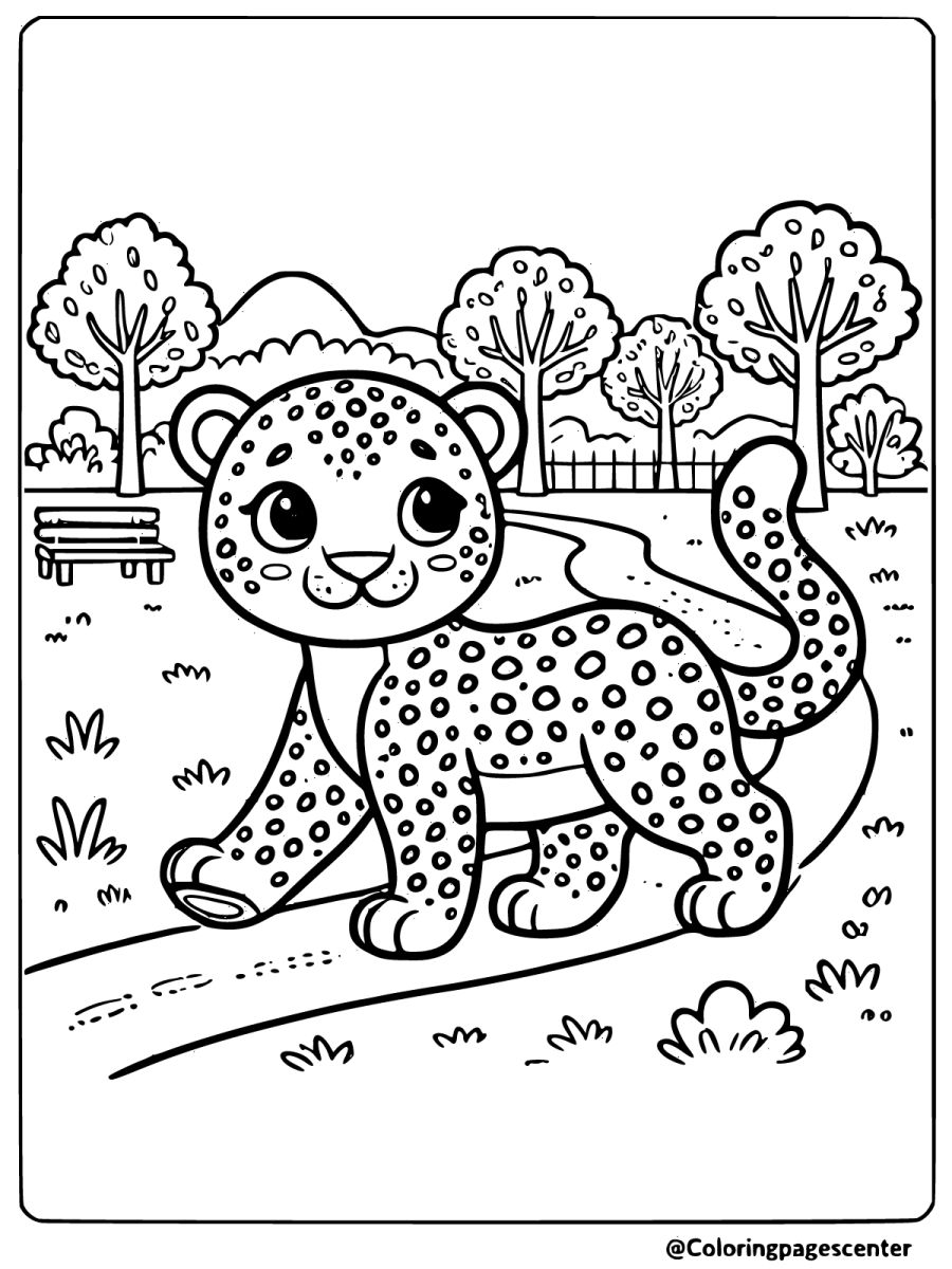 Coloring page of a happy leopard walking in a park