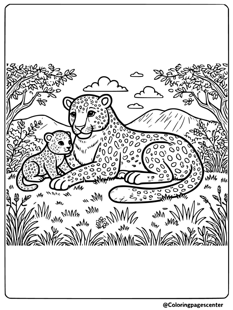 Leopard with cub in a grassy meadow coloring page