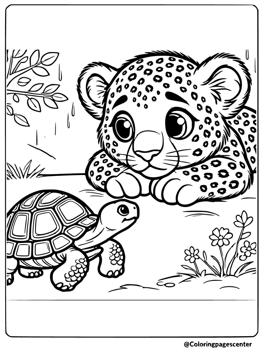 Leopard and tortoise encounter in a grassy field coloring page