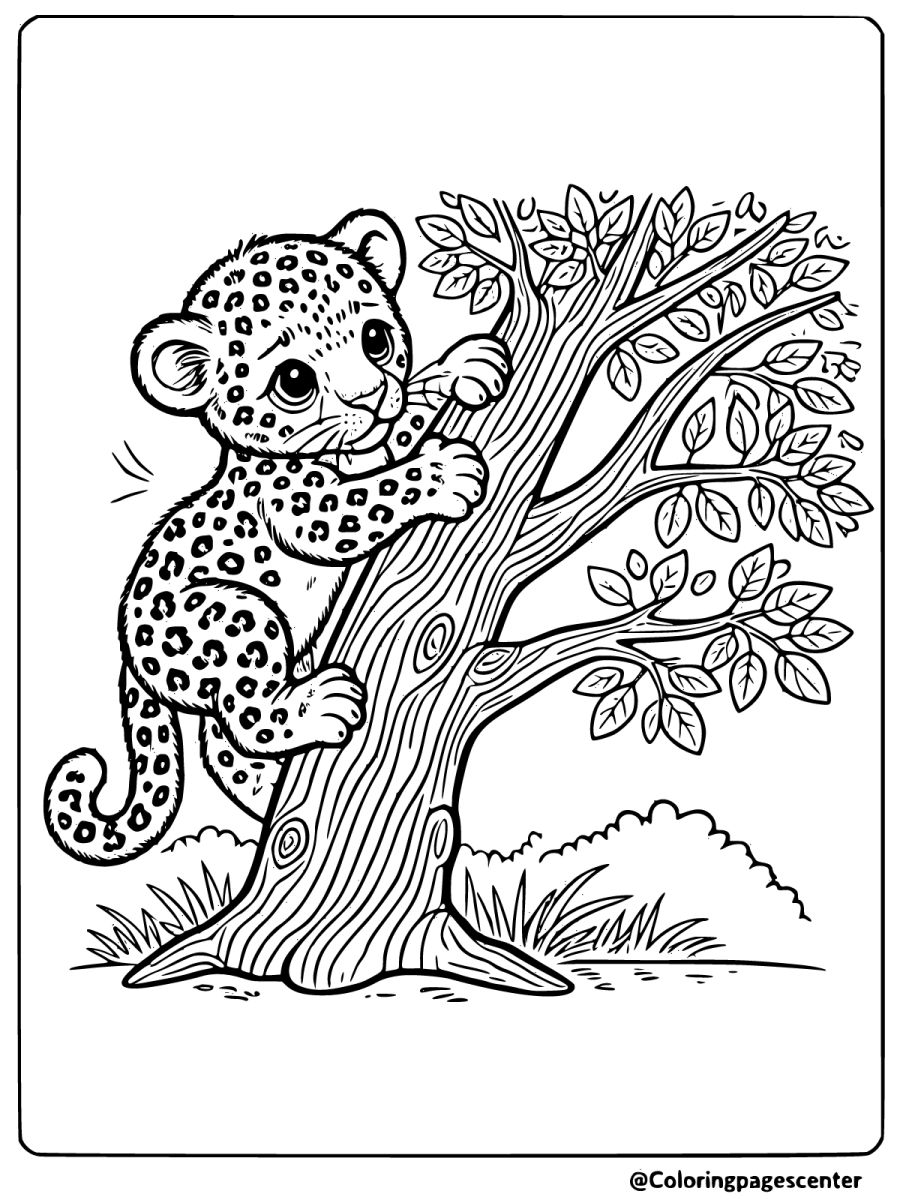 Coloring page of a leopard cub climbing a tree