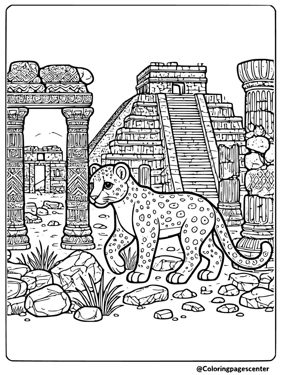 Coloring page of a leopard exploring ancient ruins