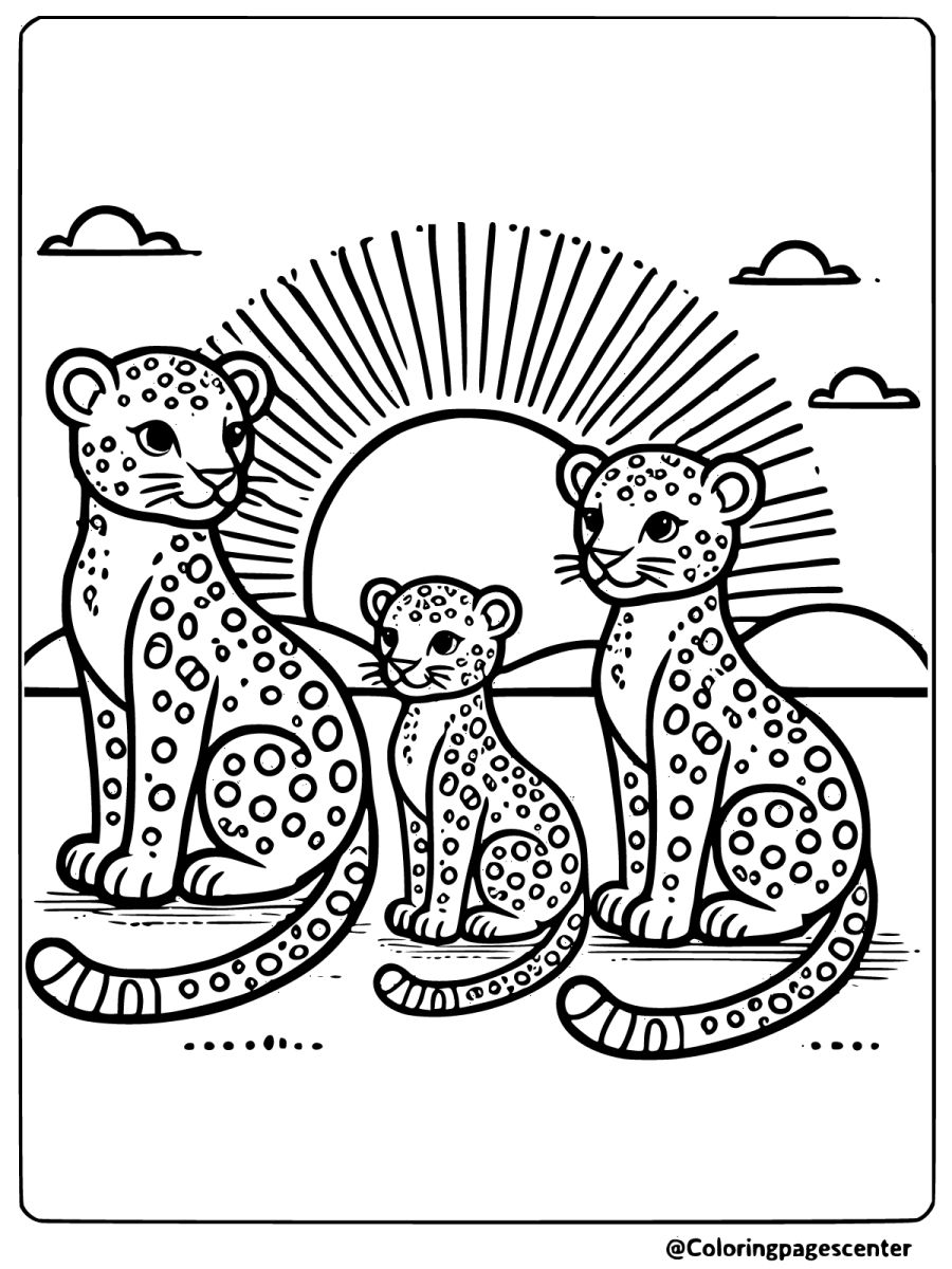 Leopard family sitting together at sunset charming coloring page