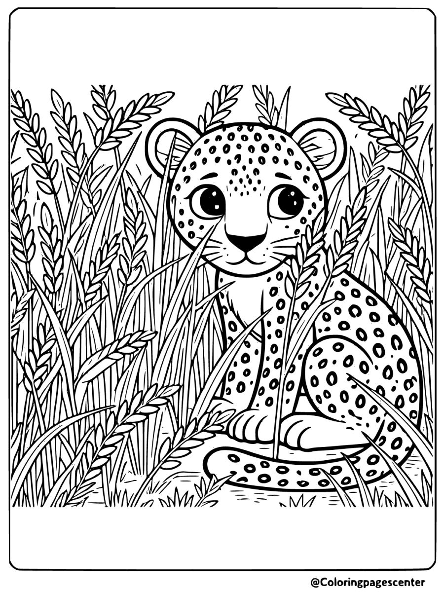 Coloring page of a leopard hiding in tall grass