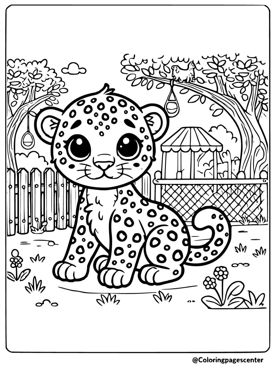 Leopard in a playful yard with a swing and trees coloring page