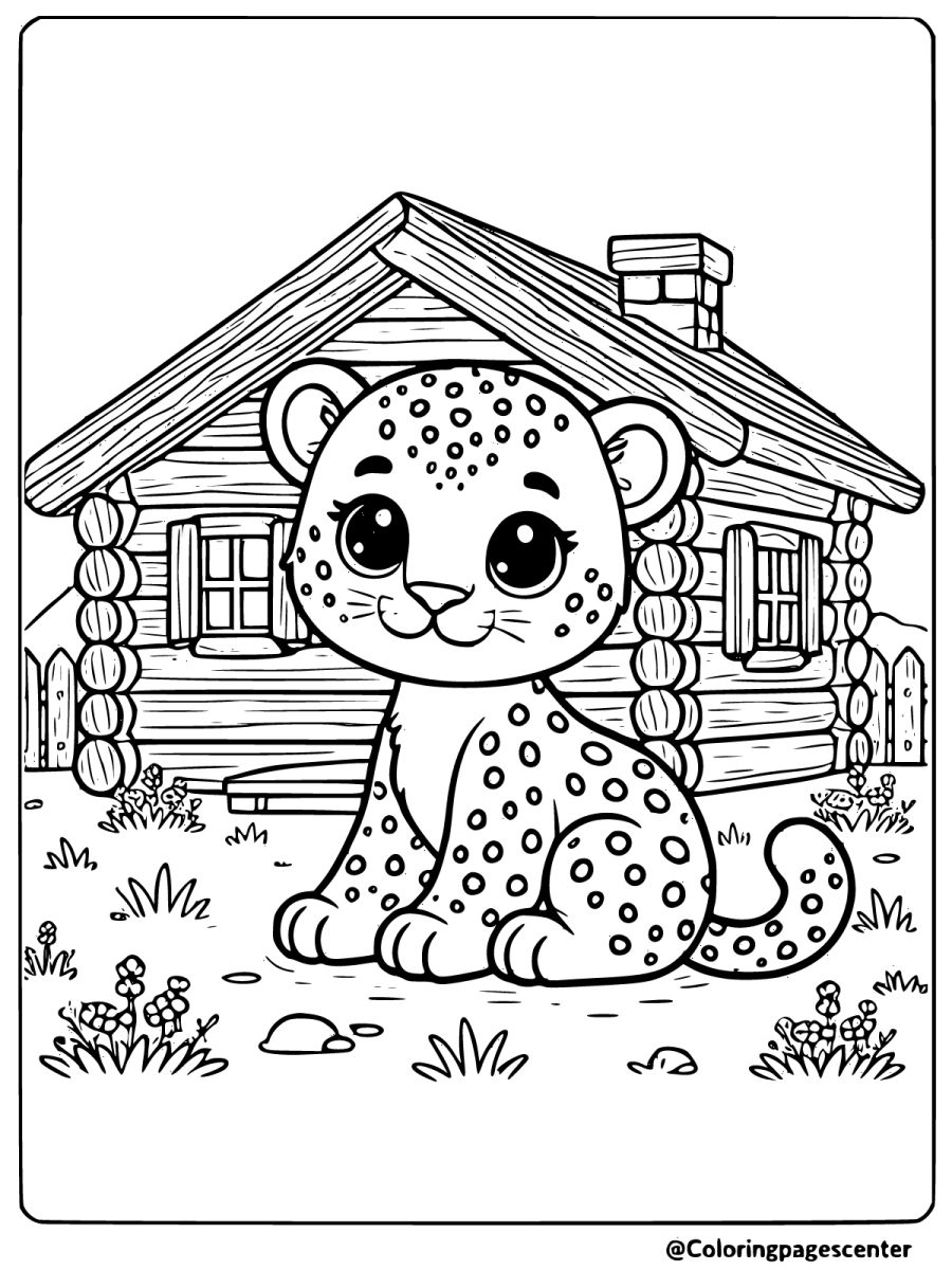 Leopard sitting in front of a wooden cabin lovely coloring page