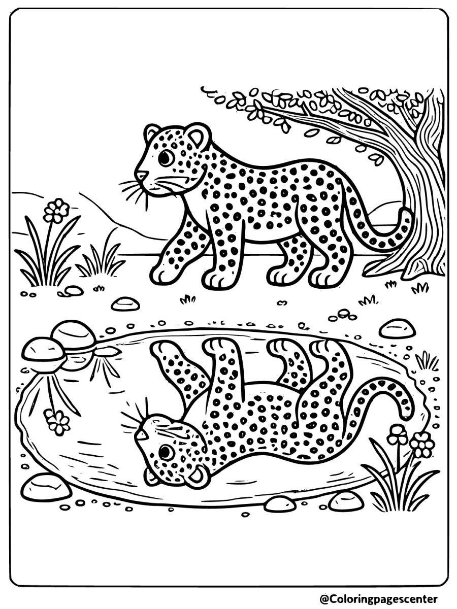 Coloring page of a leopard reflecting in a pond