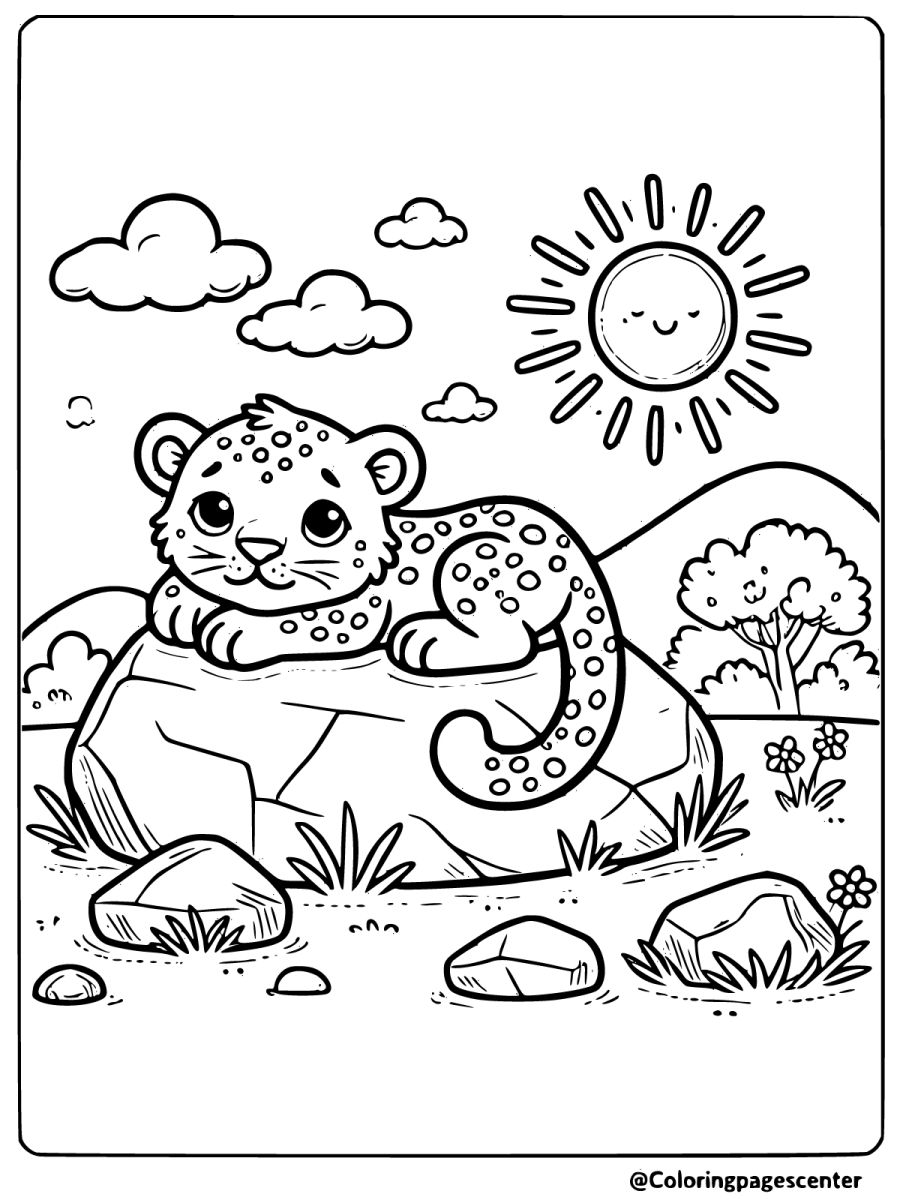 Leopard lying on a rock with sun shining coloring page