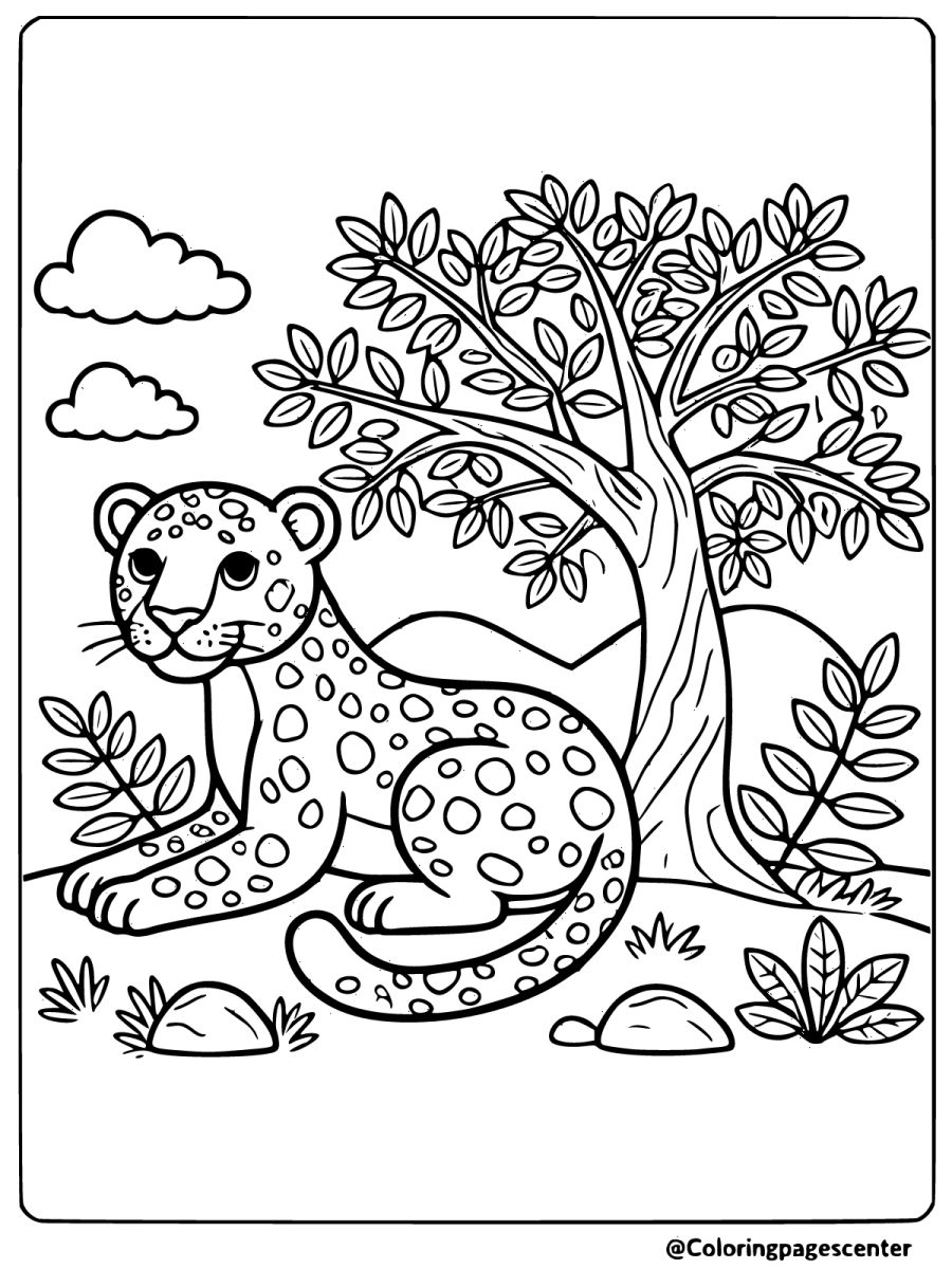 Leopard sitting under a tree with clear outlines coloring page