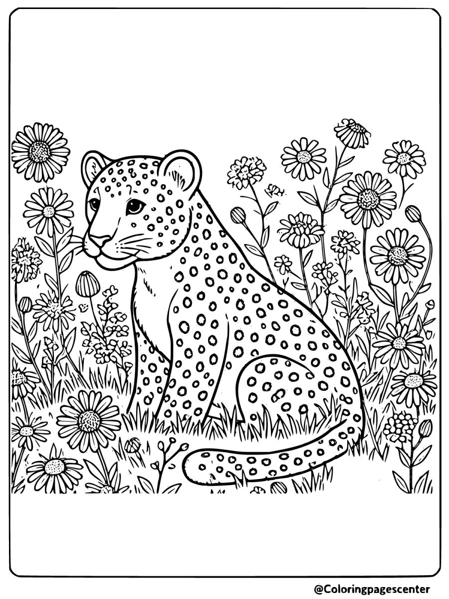 Leopard sitting among flowers in a field fun coloring page