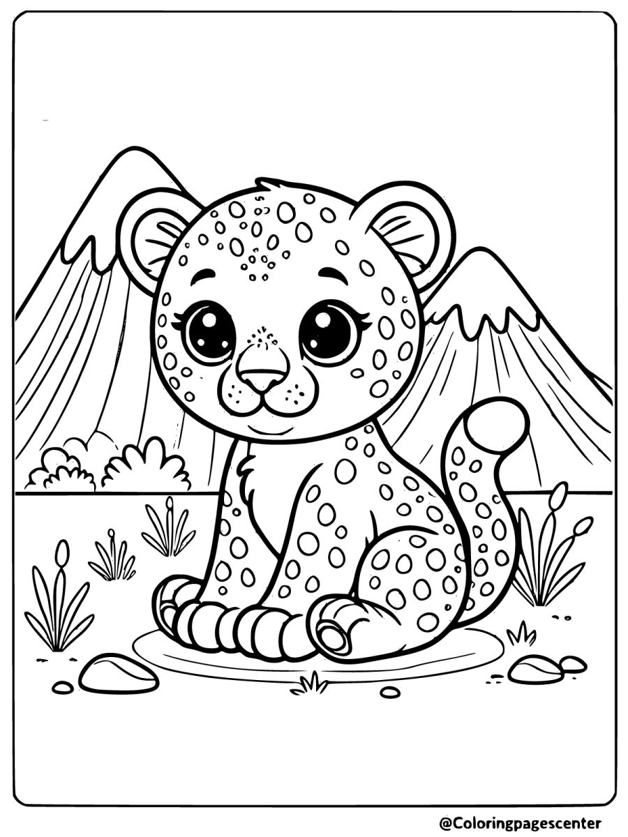 Cute leopard in front of a mountain coloring page