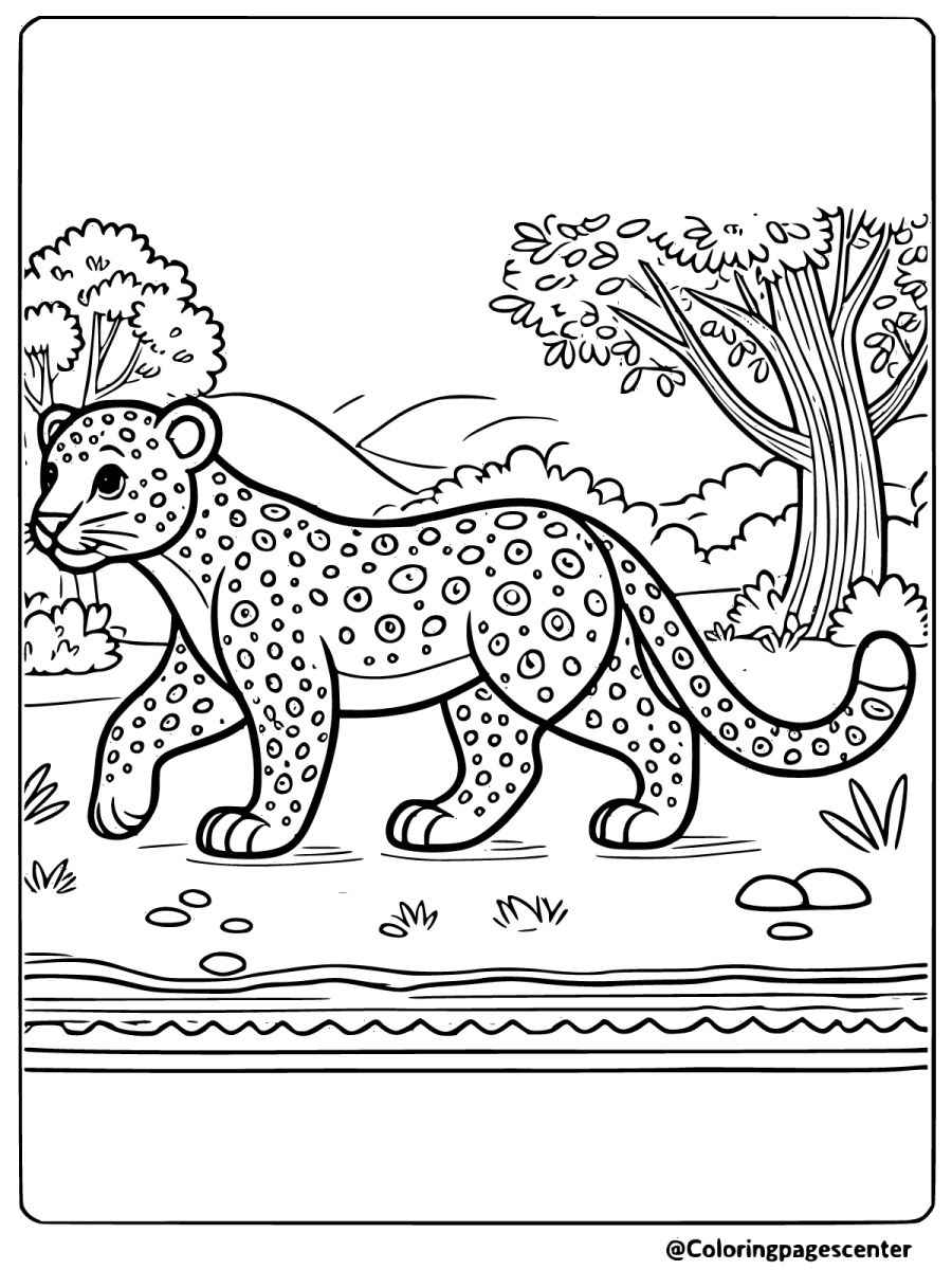 Coloring page of a leopard walking by a river