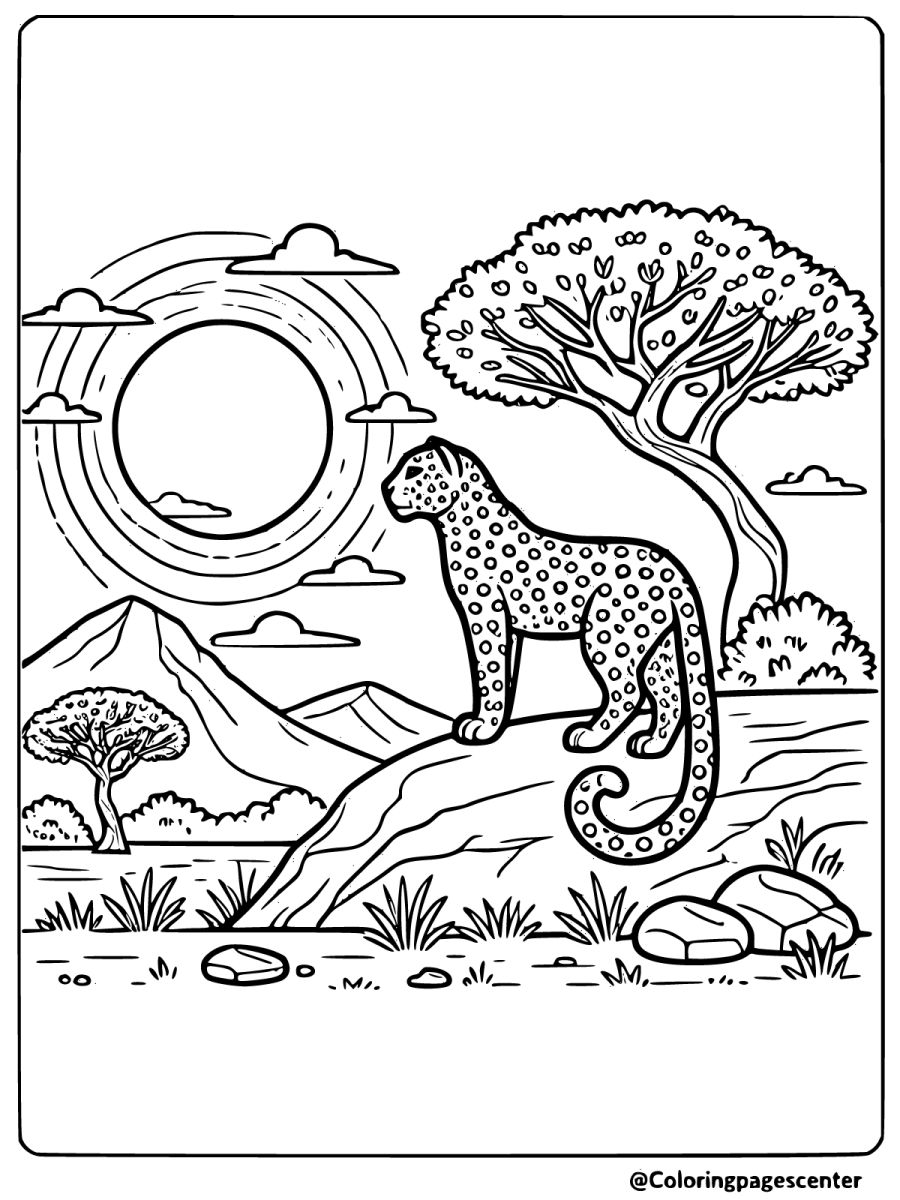 Leopard standing on a hill enjoying the sunset coloring page