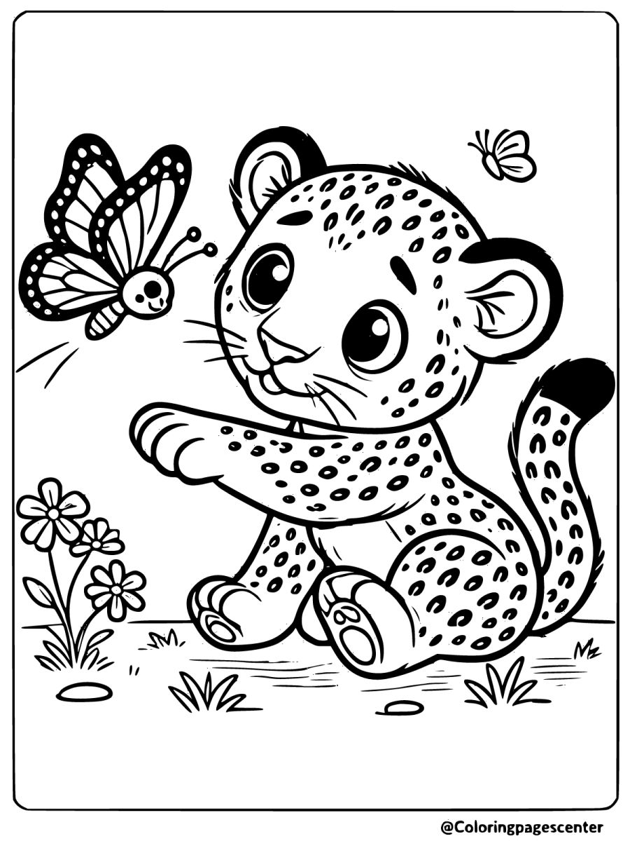 Leopard cub reaching out to a butterfly coloring page