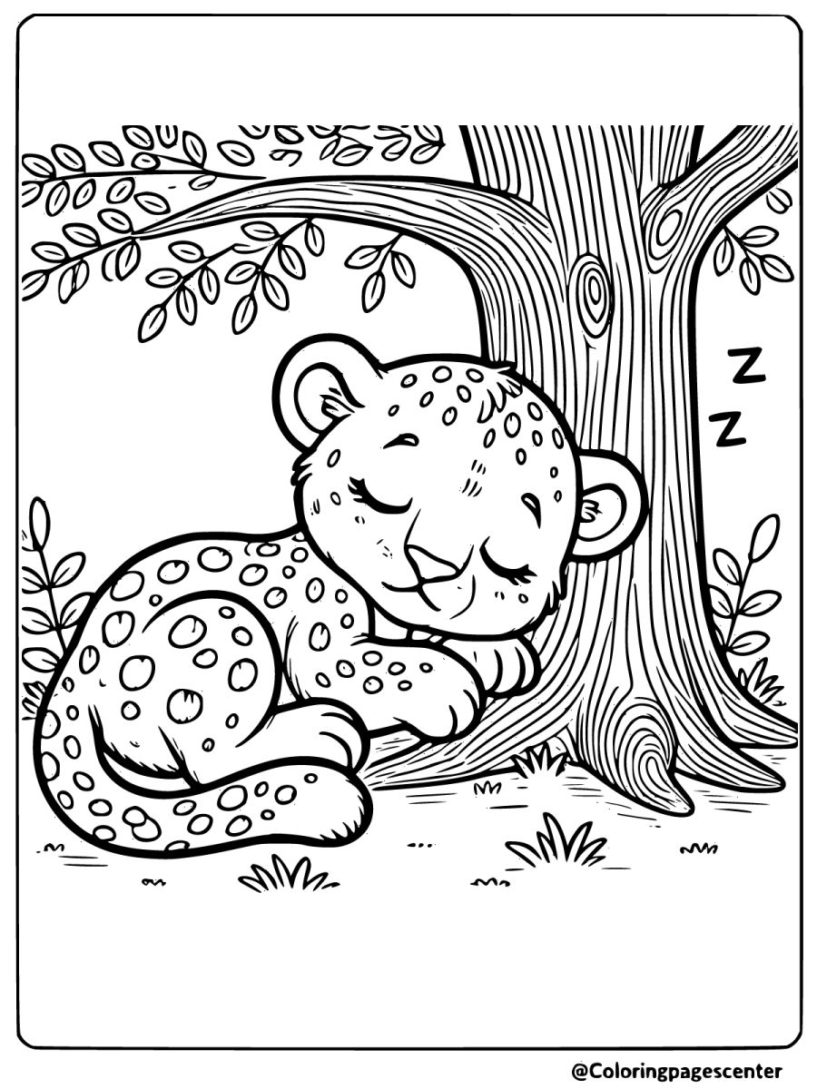 Coloring page of a sleeping leopard under a tree