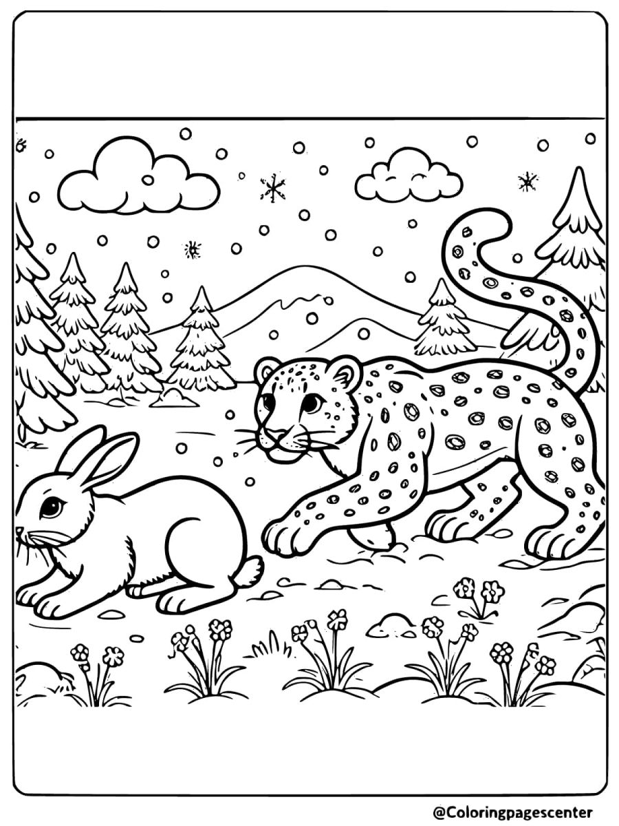 Snow leopard hunting a rabbit in the forest coloring page