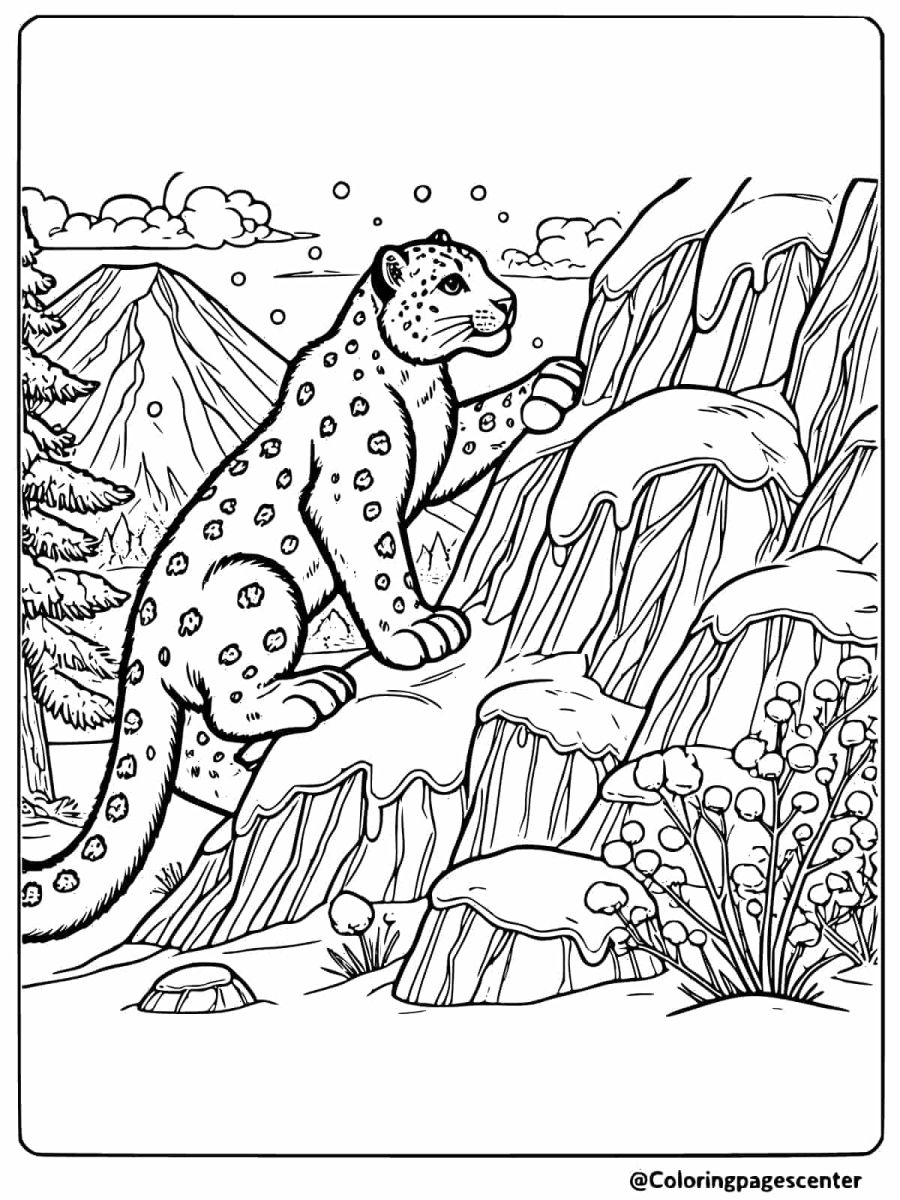 Strong snow leopard climbing a steep hill coloring page