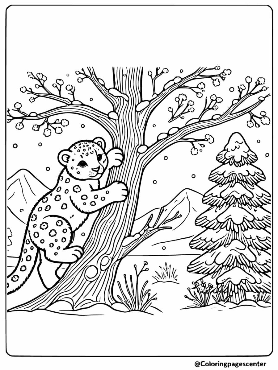 Energetic snow leopard climbing up a tree coloring page