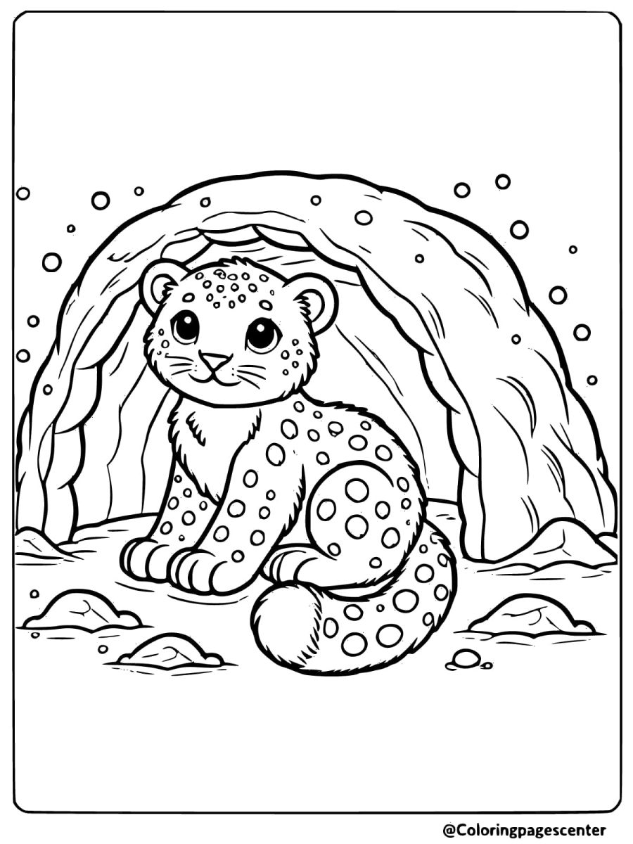 Adorable snow leopard cub resting in a cave coloring page