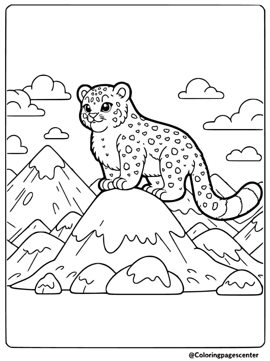 Majestic snow leopard standing atop a mountain coloring page