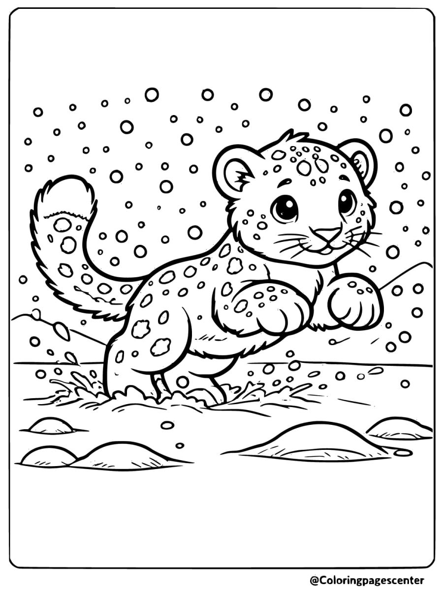 Snow leopard having fun in the snow coloring page	Snow Leopard Playing in the Snow Coloring Page