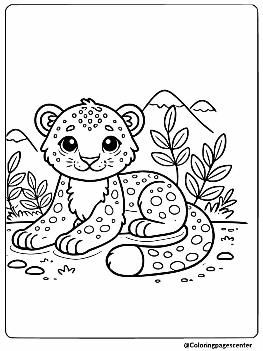 Peaceful snow leopard relaxing in the wilderness coloring page