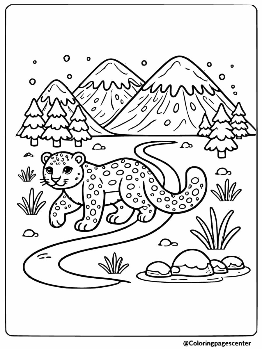 Snow leopard exploring the mountainous terrain coloring page