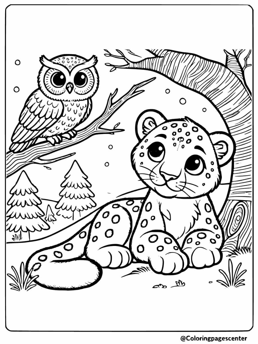 Cute snow leopard and an owl sitting together coloring page