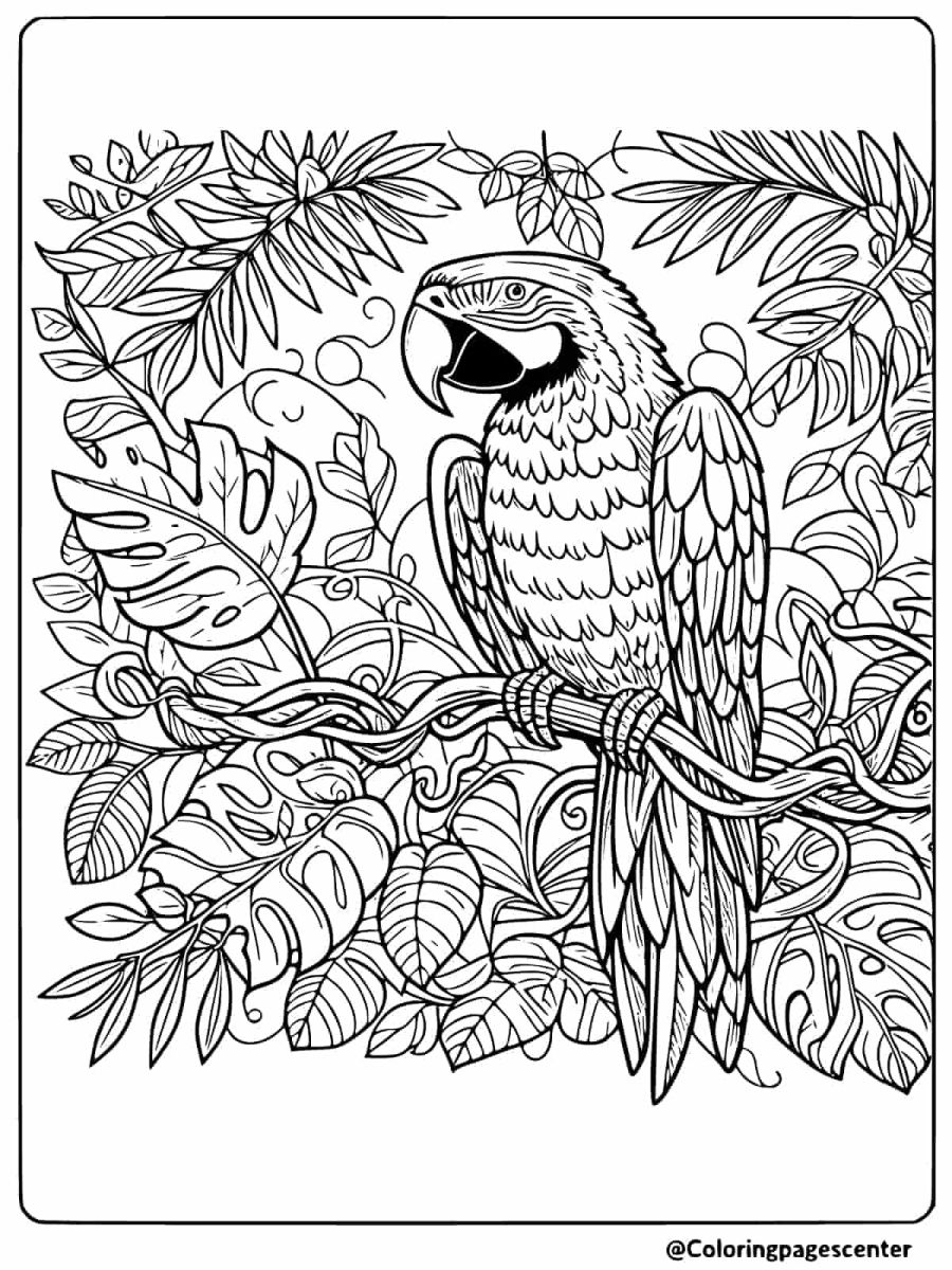 Macaw surrounded by detailed leaves coloring page