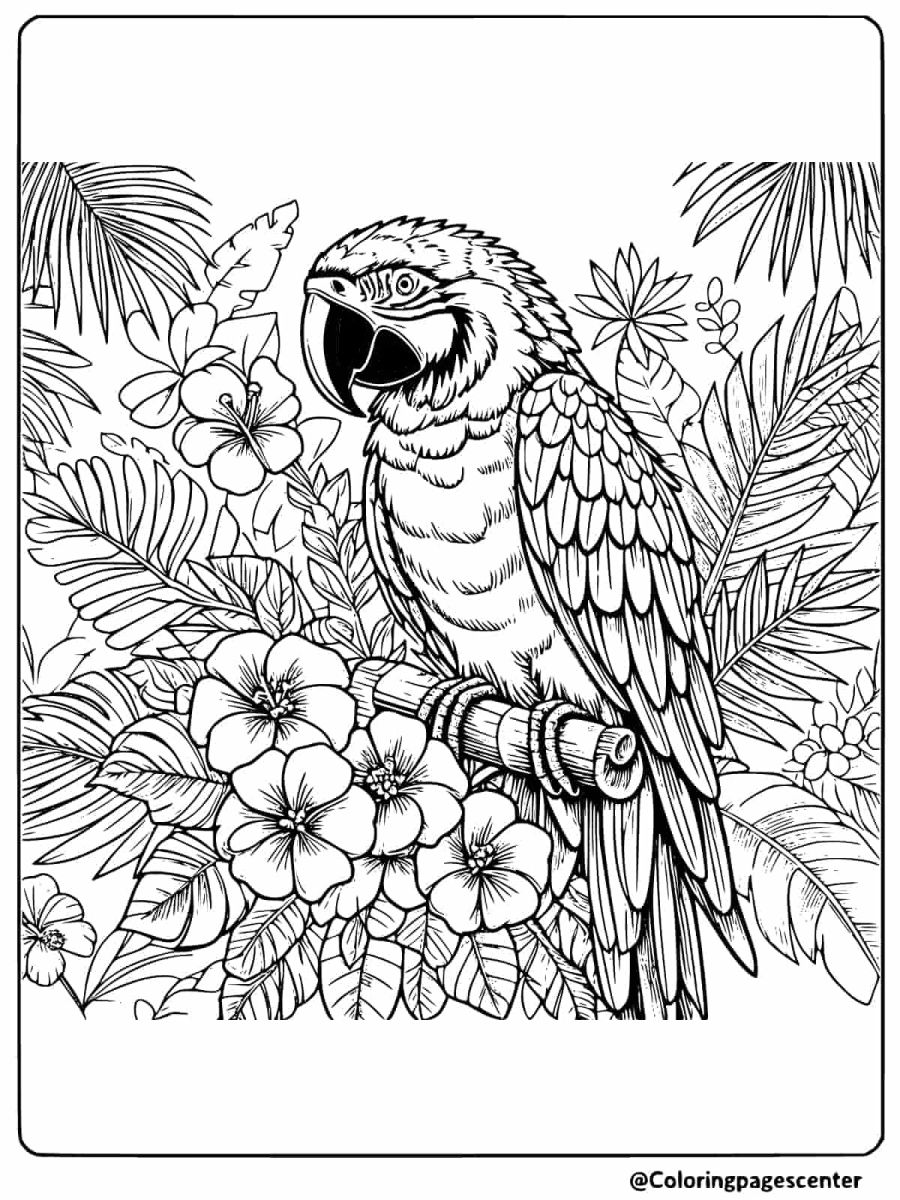 Coloring page of a macaw sitting with tropical flowers