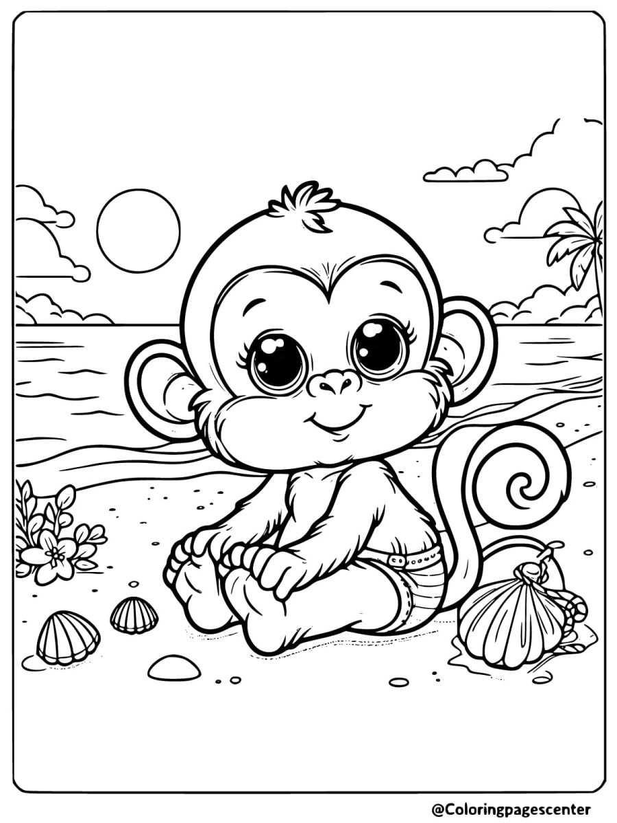 Coloring page of an adorable monkey at the beach