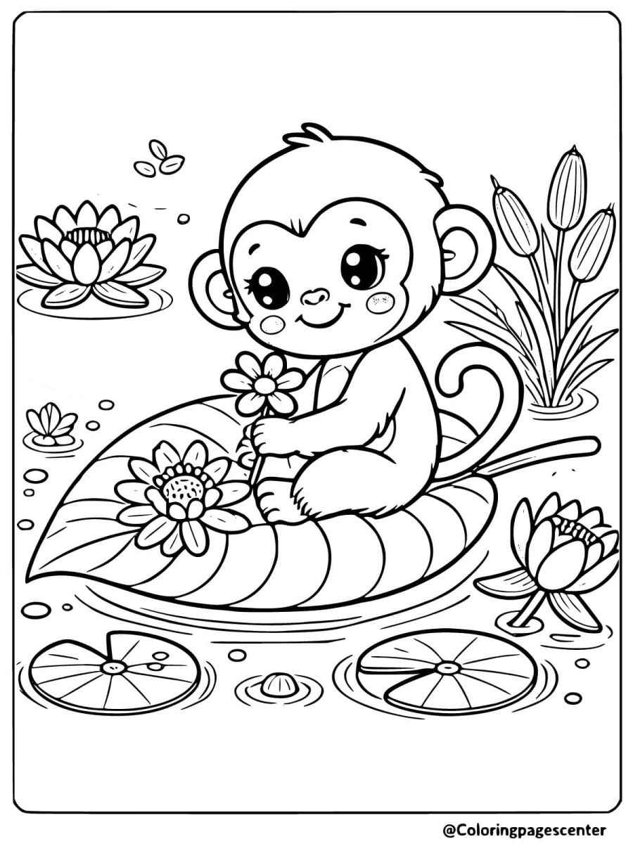 Coloring page of an adorable monkey sitting on a lotus leaf