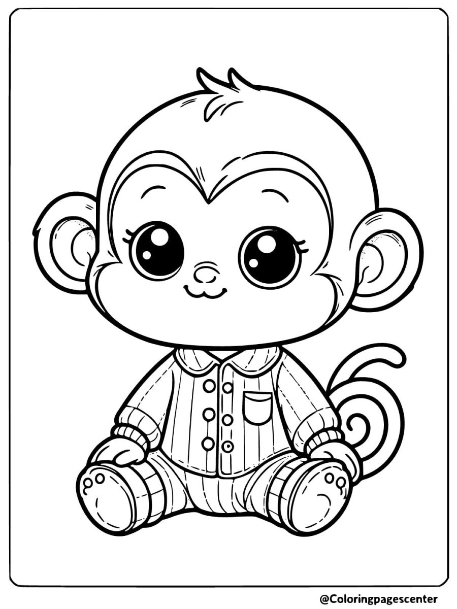 Coloring page of a baby monkey dressed in pajamas