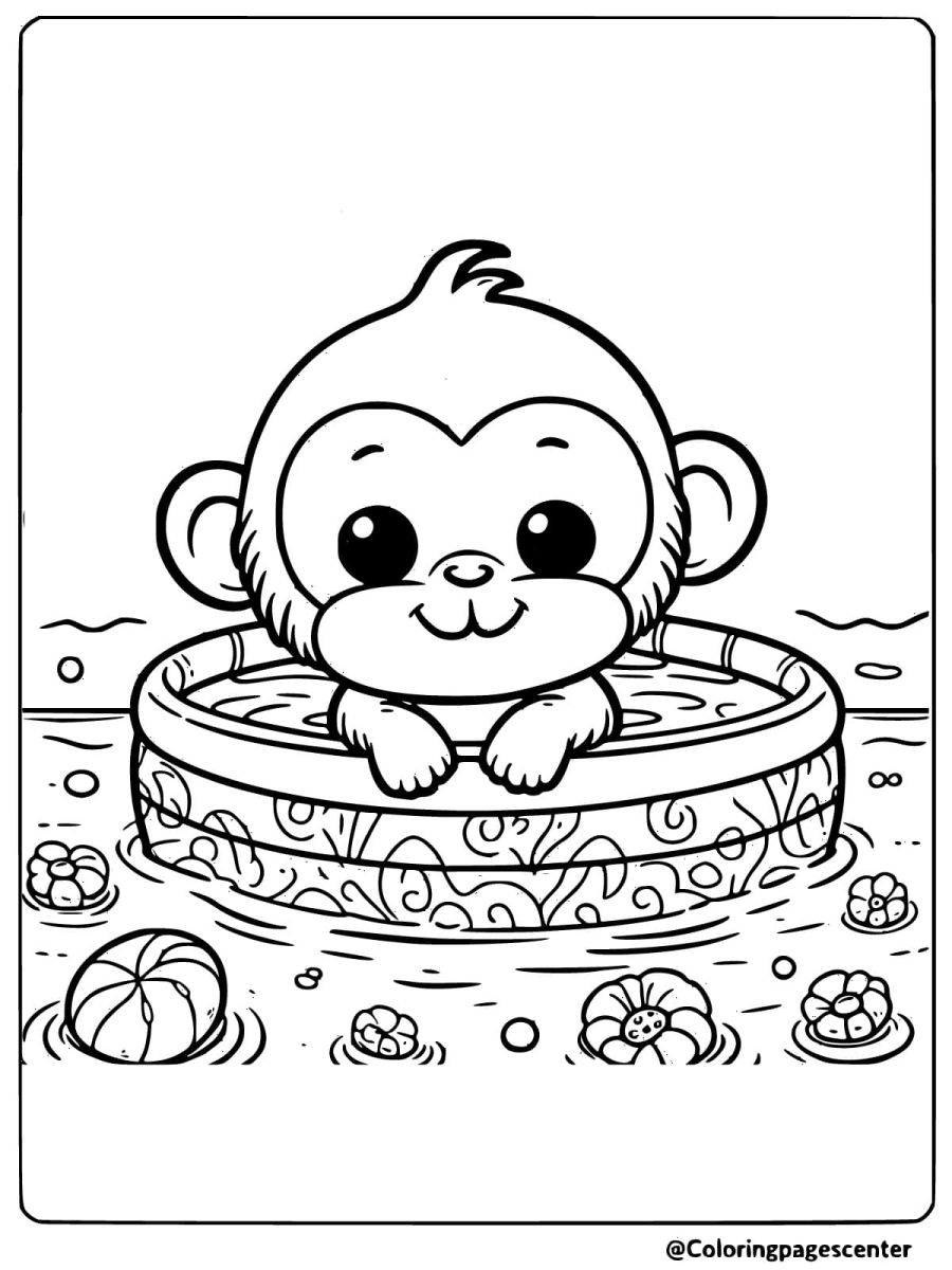 Coloring page of a baby monkey sitting in a decorated pool