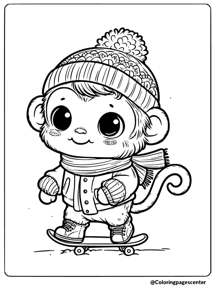 Coloring page of a baby monkey wearing a hat and scarf on a skateboard