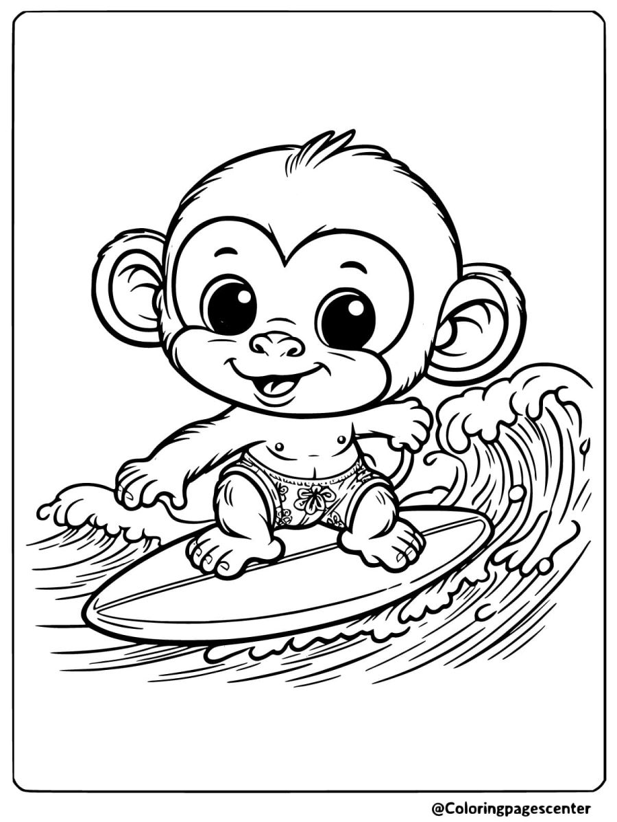 Coloring page of a baby monkey surfing on a board in the ocean