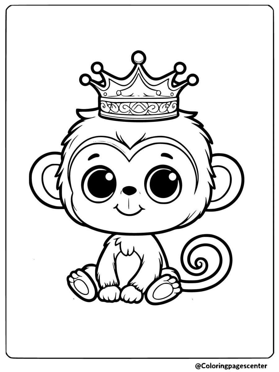 Coloring page of a baby monkey with a crown on its head