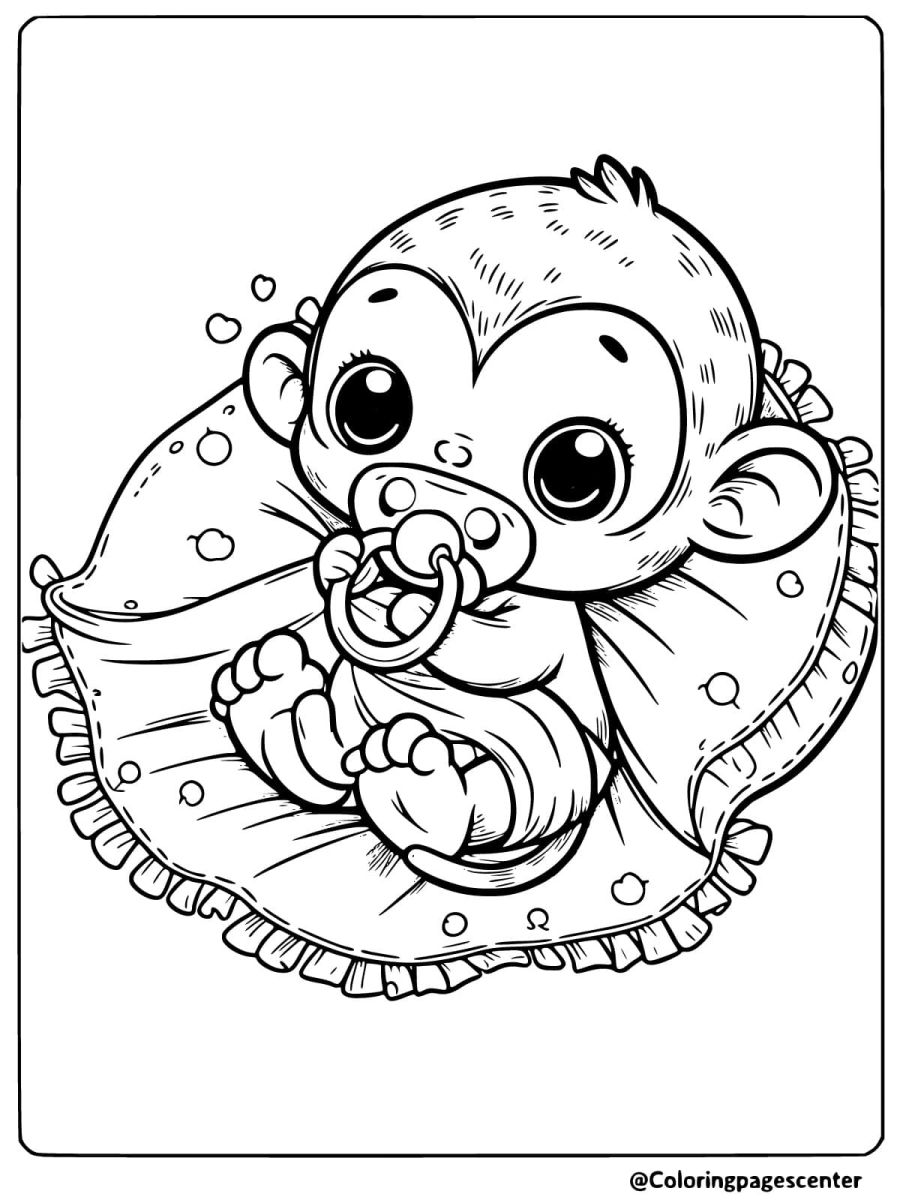 Coloring page of a baby monkey holding a pacifier