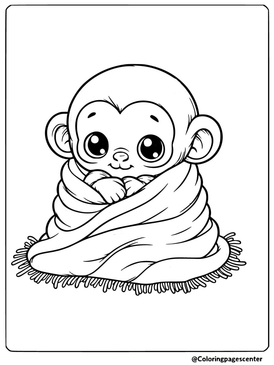 Coloring page of a baby monkey snugly wrapped in a soft blanket