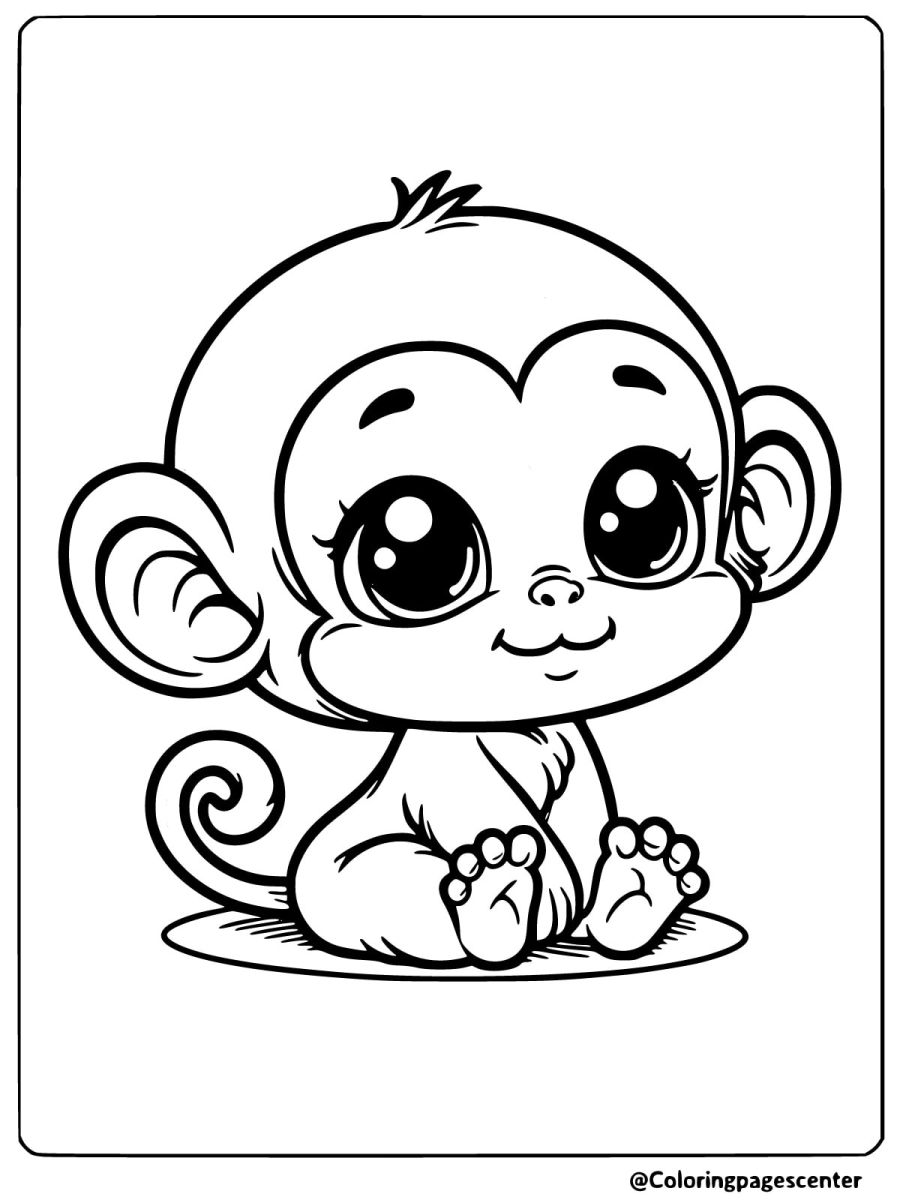 Coloring page of a happy baby monkey sitting with big eyes