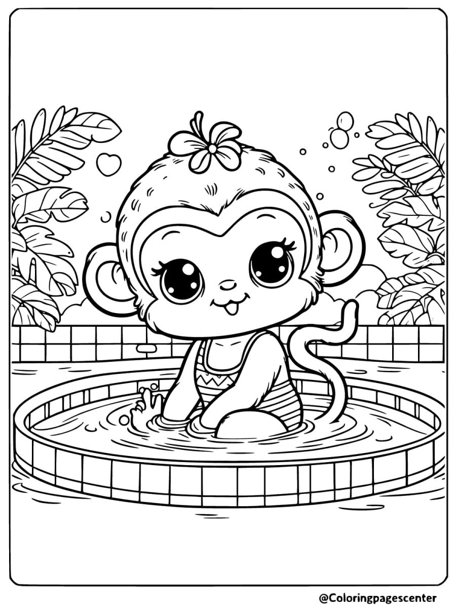 Coloring page of a baby monkey playing in a pool