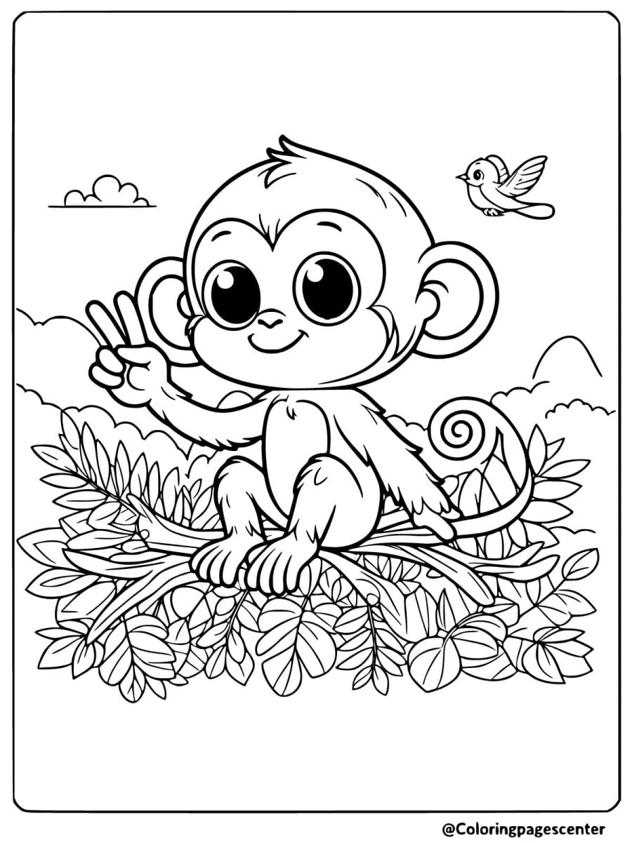 Cute monkey making a peace sign on a branch coloring page