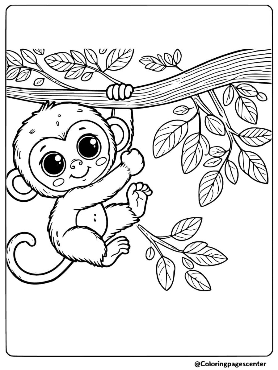 Adorable cute monkey swinging from a branch coloring page