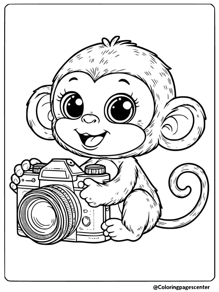 Cute monkey excitedly holding a camera for photos coloring page