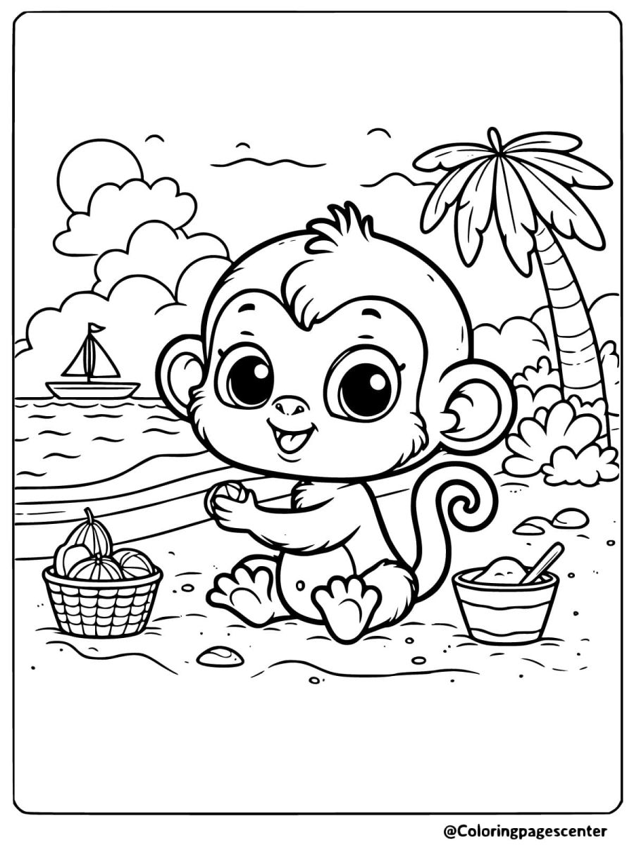 Cute monkey playing on the beach with a basket coloring page