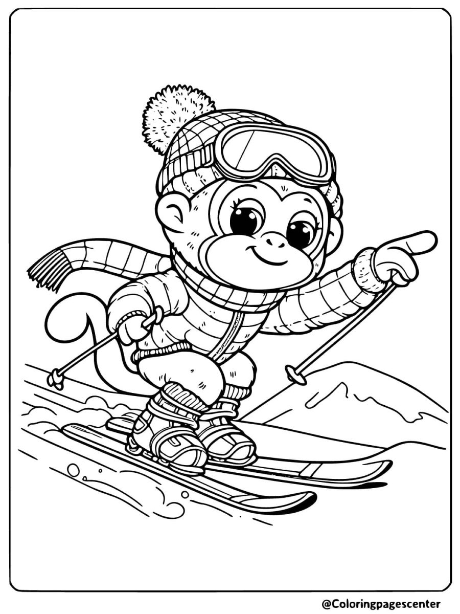 Cute monkey skiing in winter clothing coloring page