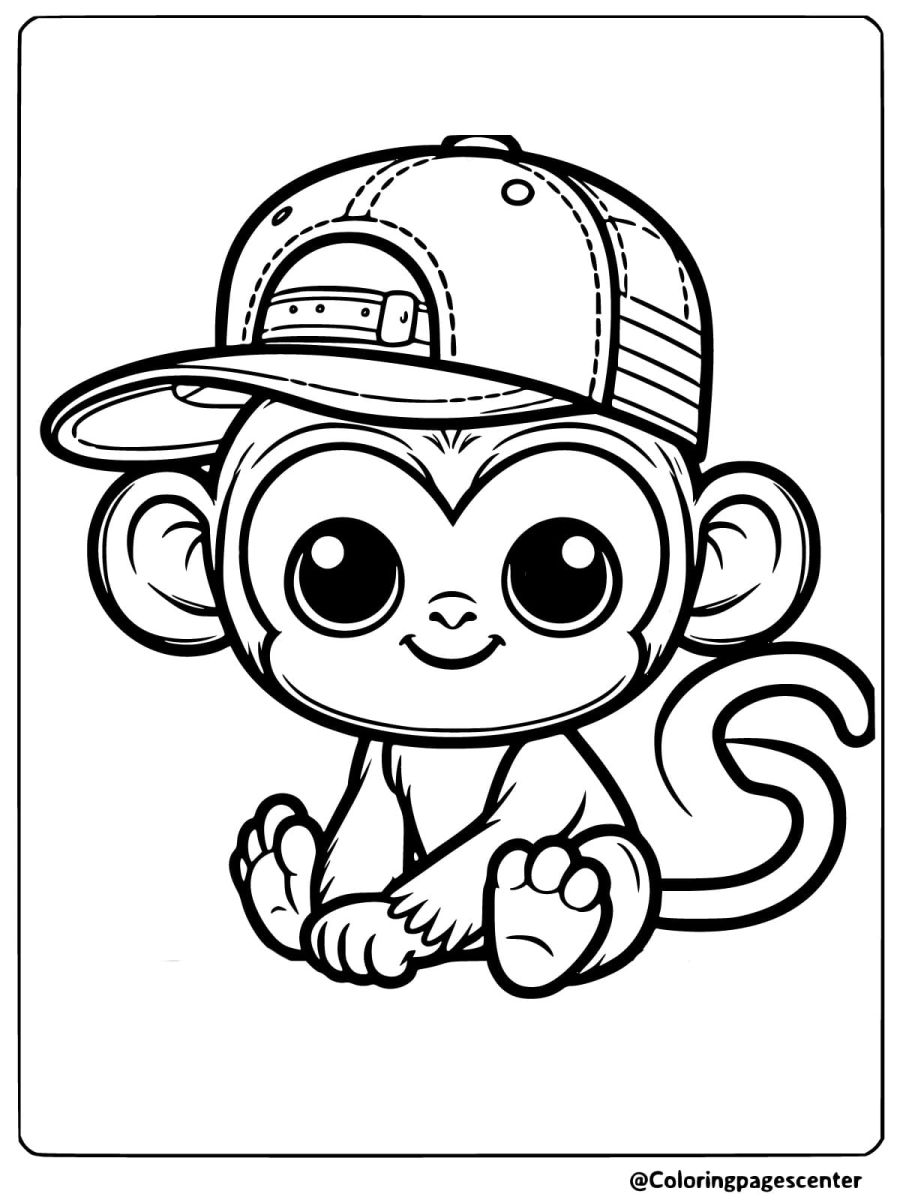 Cute monkey wearing a cap and sitting happily coloring page