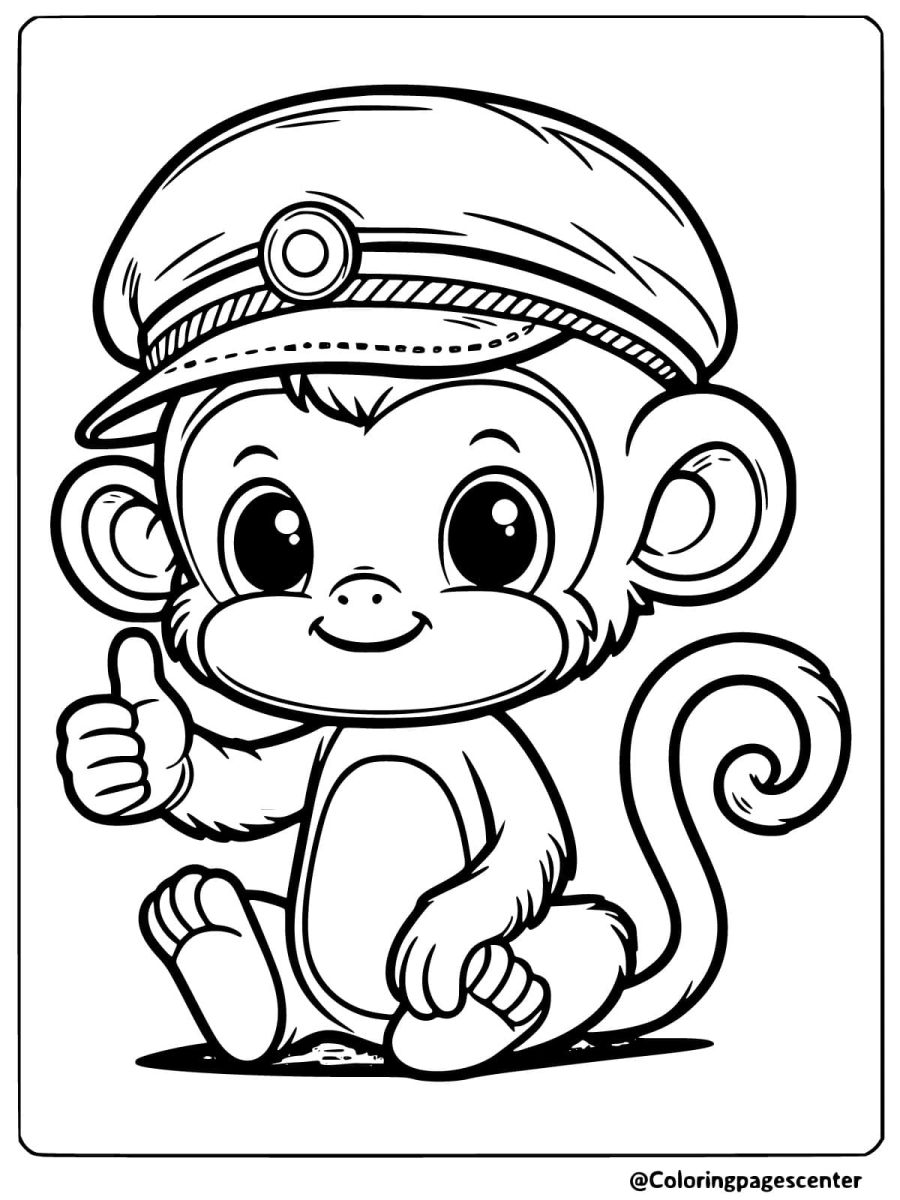 Cute monkey in a sailor hat showing thumbs up coloring page