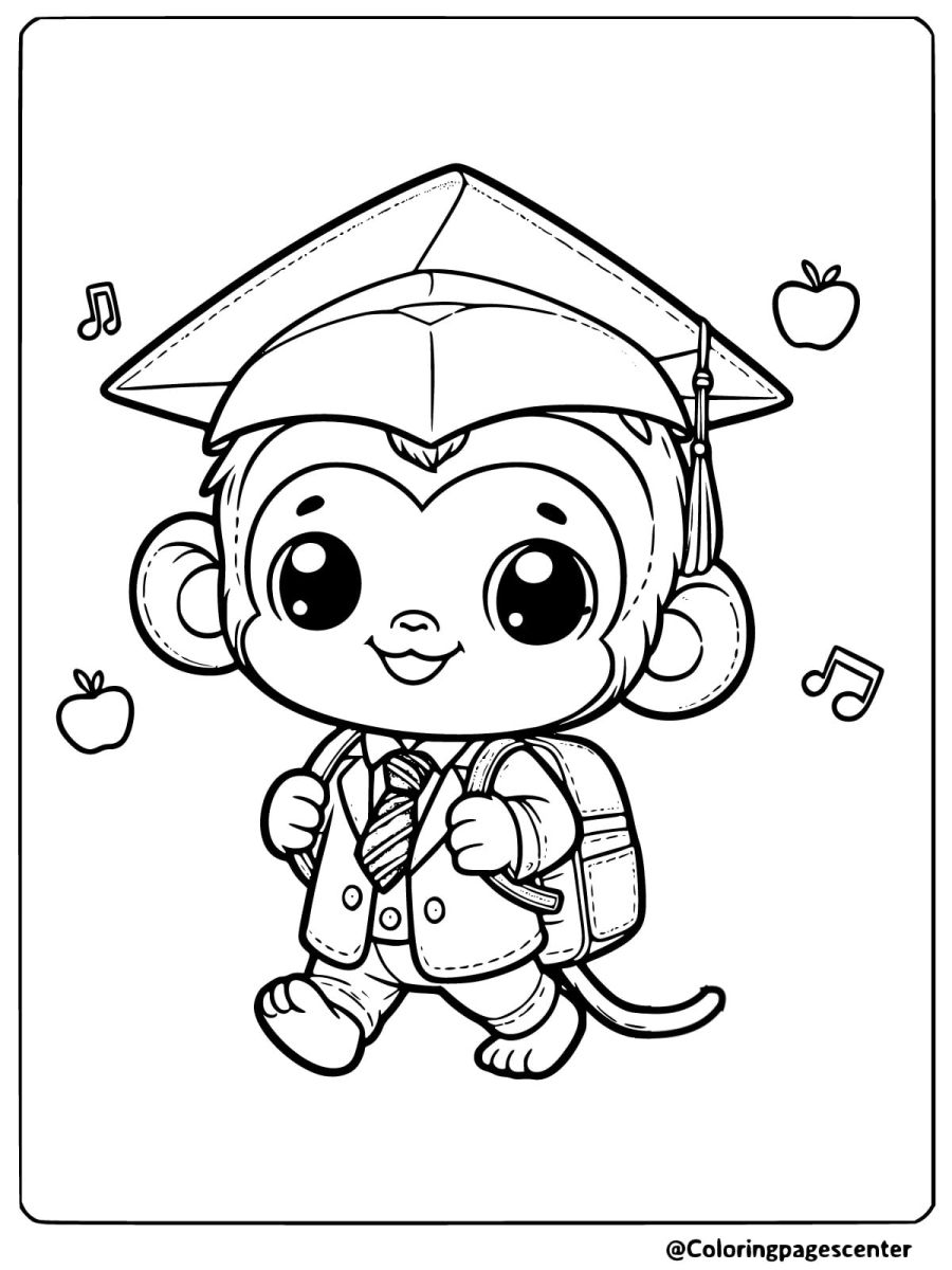 Cute monkey in graduation attire holding a backpack coloring page