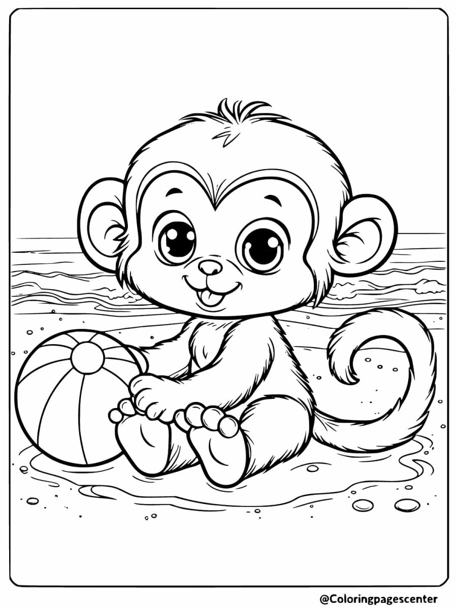 Coloring page of a cute monkey playing with a beach ball